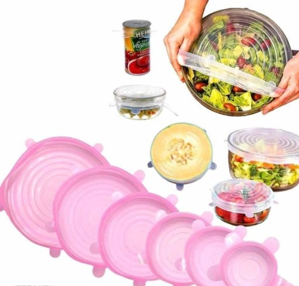 6Pcs Silicone Stretch Preserve Pot Bowl Fruit Lid for Fridge Microwave Food Container Cover  -  Pnk